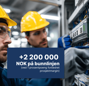 To teknikere arbeider med elektrisk installasjon. ONwork ga teknisk entreprenør med 40–60 parallelle prosjekter sanntids porteføljeoversikt og +2 200 000 NOK på bunnlinjen ved ett prosentpoeng forbedret prosjektmargin.